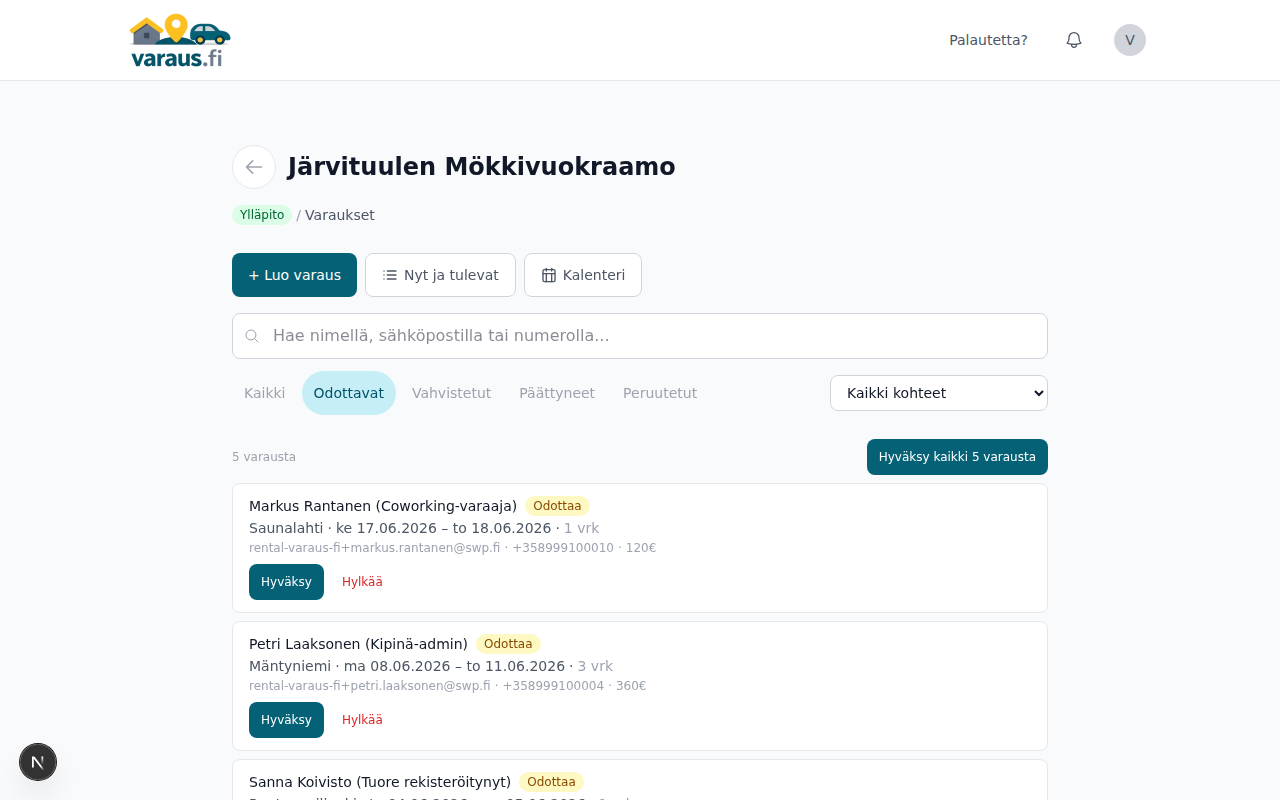 Odottavat varaukset — Hyväksy ja Hylkää -toiminnot kullekin varaukselle.