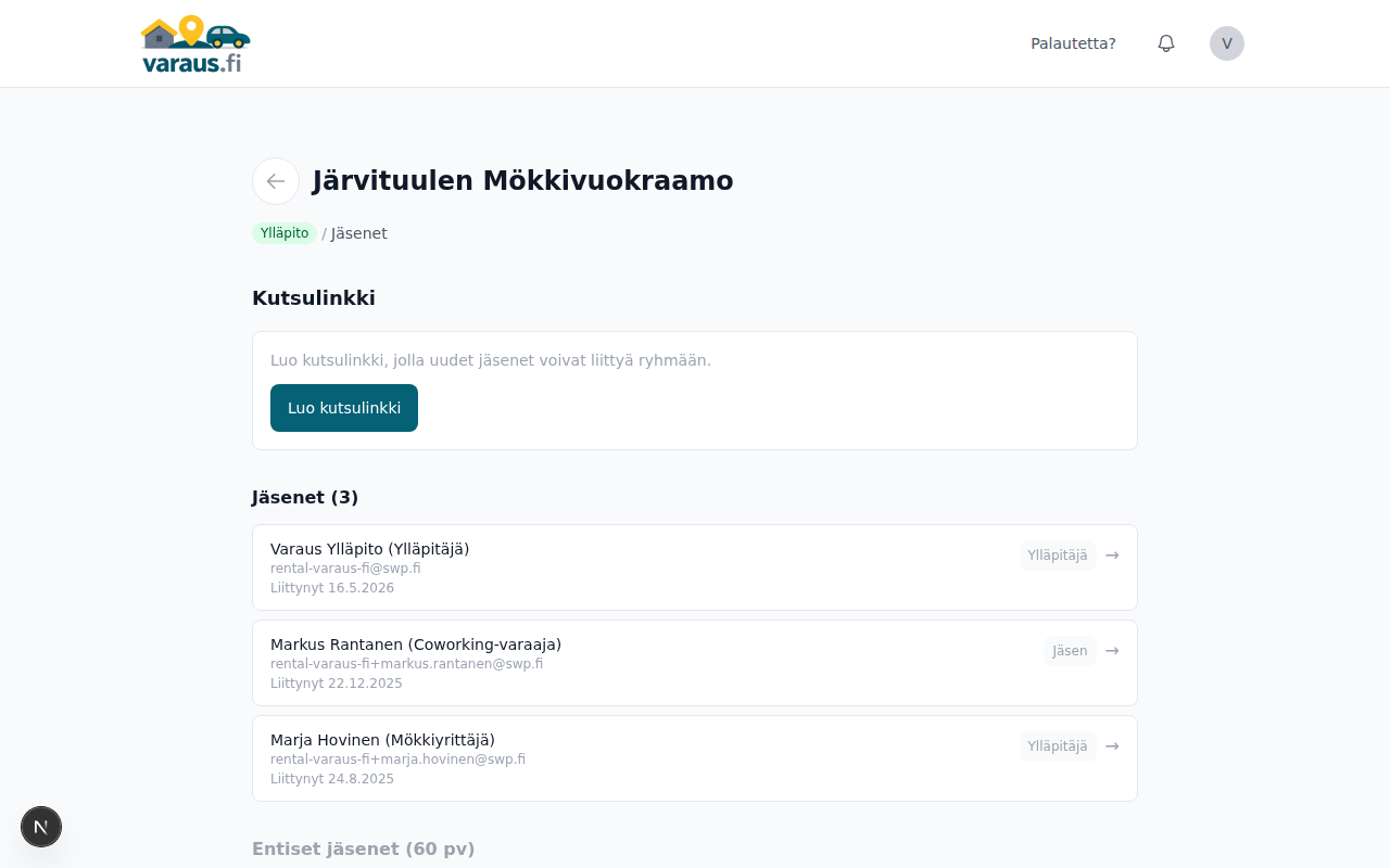 Jäsenten hallinta: kutsulinkin luonti ja nykyisten jäsenten lista rooleineen.